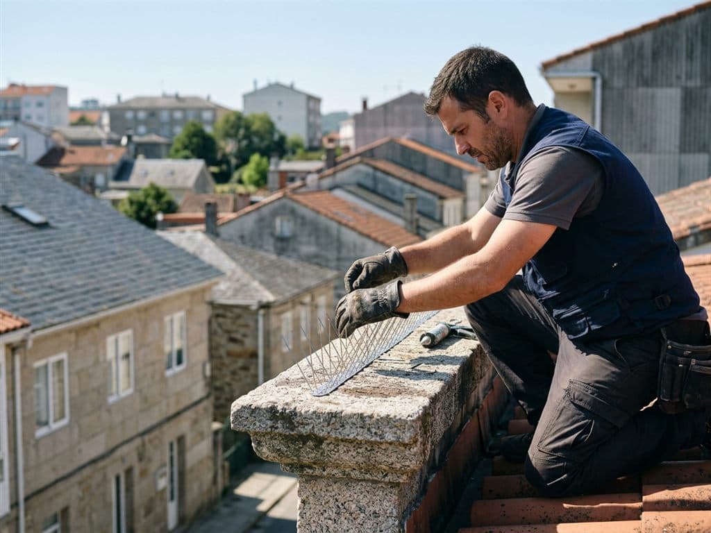 Técnico de Ambitega Plagas instalando sistemas de control de aves en un edificio de A Coruña